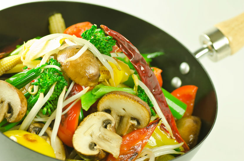 vegetable stir fry in a wok