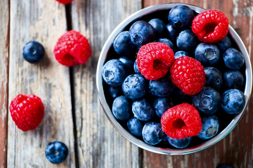 bowl of raspberries and blueberries